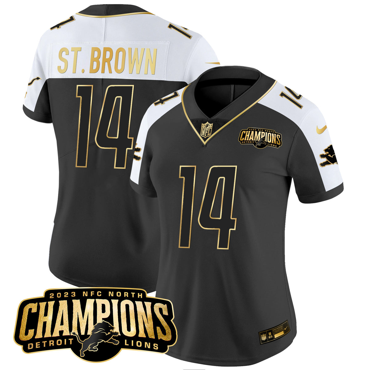 Women's Detroit Lions 2023 NFC North Champions Patch Gold Vapor Jersey - All Stitched - Alternate - St. Brown — view 1