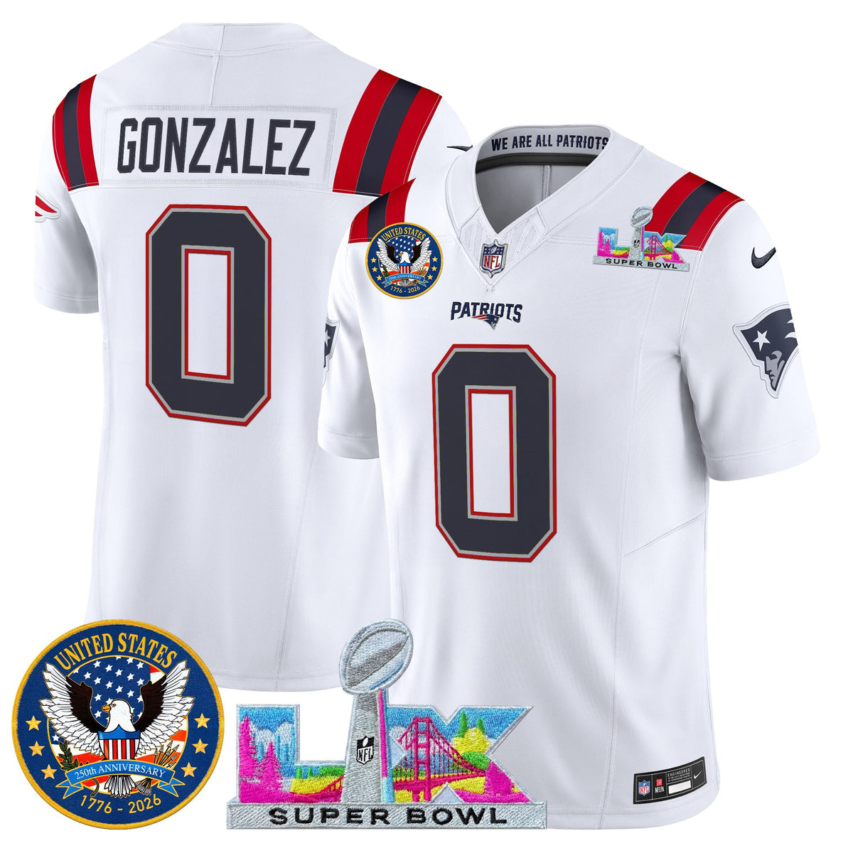 Men's New England Patriots Super Bowl LX & United States 250th Patch Vapor Limited Jersey - All Stitched - White - Christian Gonzalez — view 1
