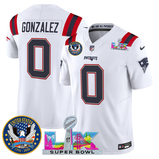 Men's New England Patriots Super Bowl LX & United States 250th Patch Vapor Limited Jersey - All Stitched - White - Christian Gonzalez — view 1