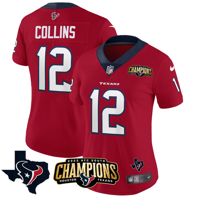 Women's Houston Texans 2023 AFC South Champions Patch Vapor Jersey - All Stitched - Red - Nico Collins — view 1