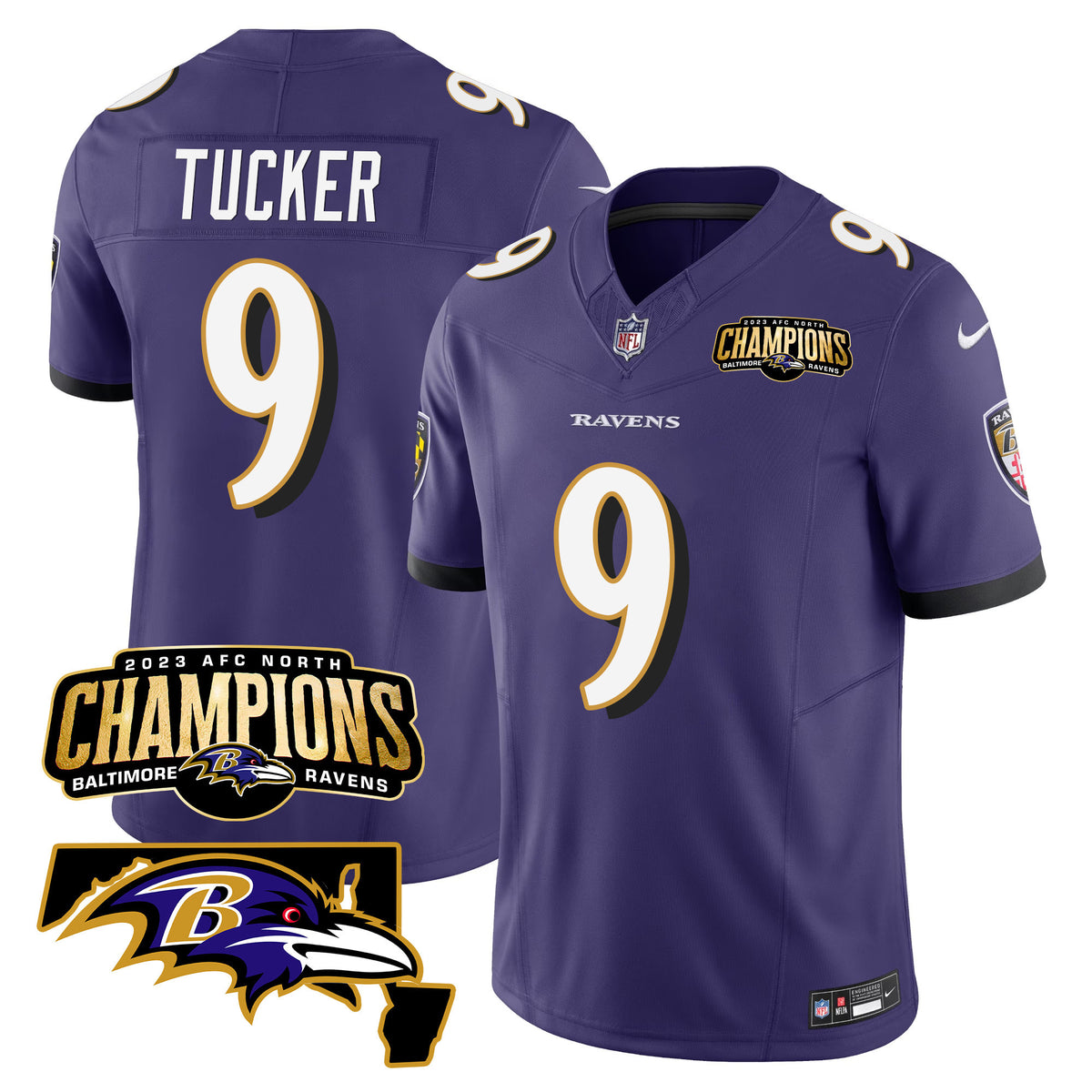 Men's Ravens 2023 AFC North Champions & Maryland Patch Vapor Jersey - All Stitched - Purple - Justin Tucker — view 1