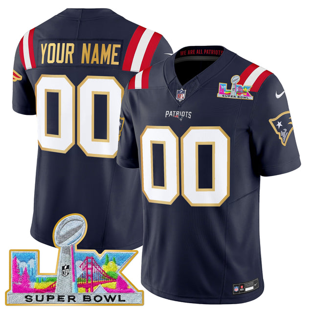 New England Patriots Super Bowl LX Gold Trim Vapor Limited Custom Jersey - All Stitched - Navy — view 1