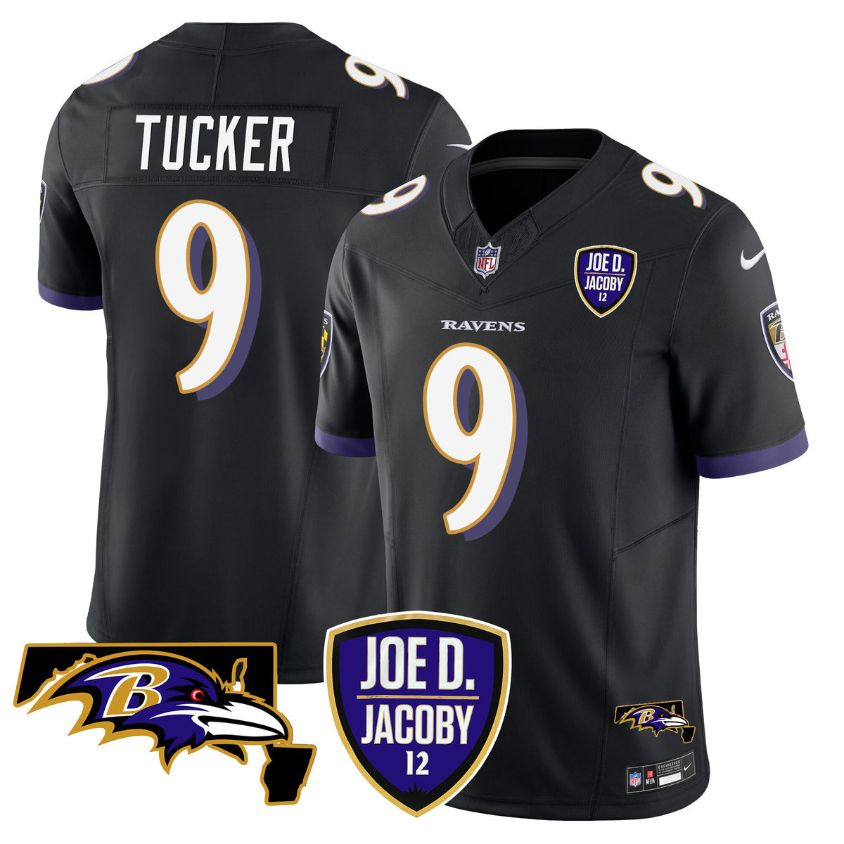 Men's Ravens Joe D & Jacoby Patch Vapor Limited Jersey - All Stitched - Black - Justin Tucker — view 1