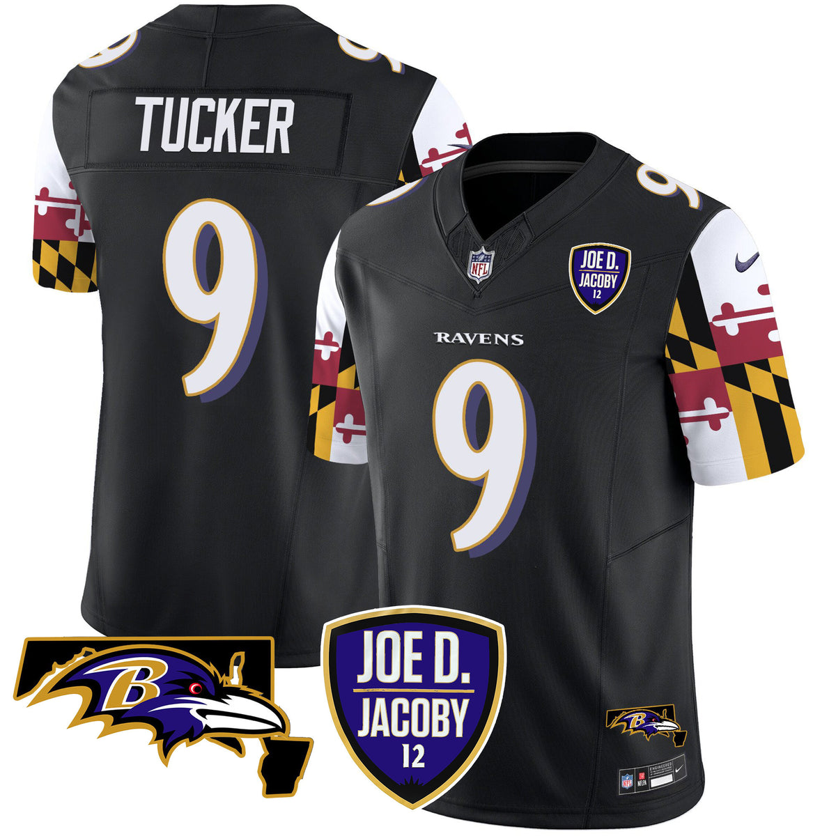 Men's Ravens Joe D & Jacoby Patch Vapor Limited Jersey V2 - All Stitched - Black - Justin Tucker — view 1