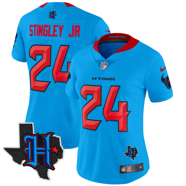 Women's Houston Texans 2024 Texas Patch Vapor Limited Jersey V2 - All Stitched - Blue - Derek Stingley Jr — view 1