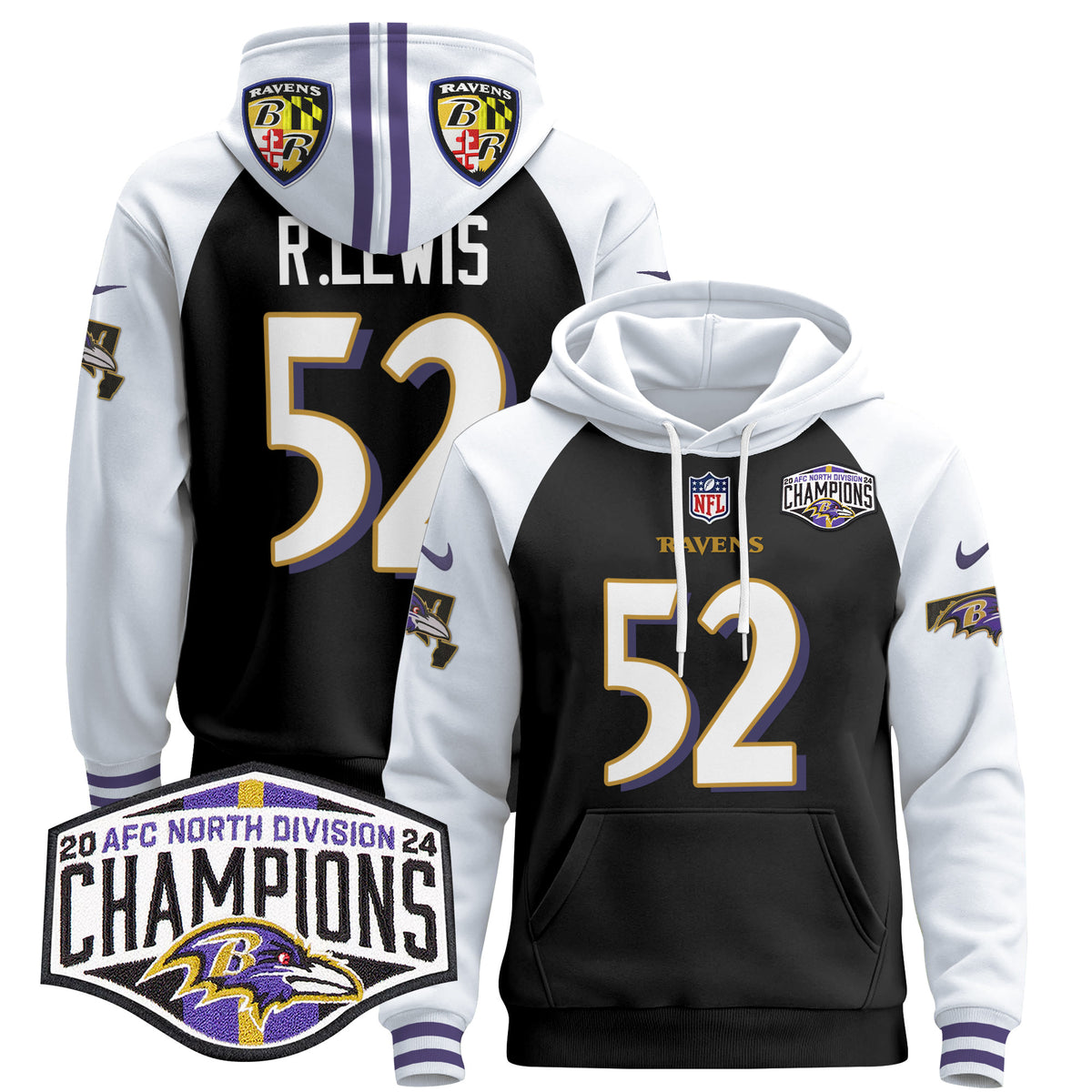 Men's Baltimore Ravens 2024 AFC North Division Champions Patch Pullover Hoodie V2 - All Stitched - Black Alternate - Ray Lewis — view 1