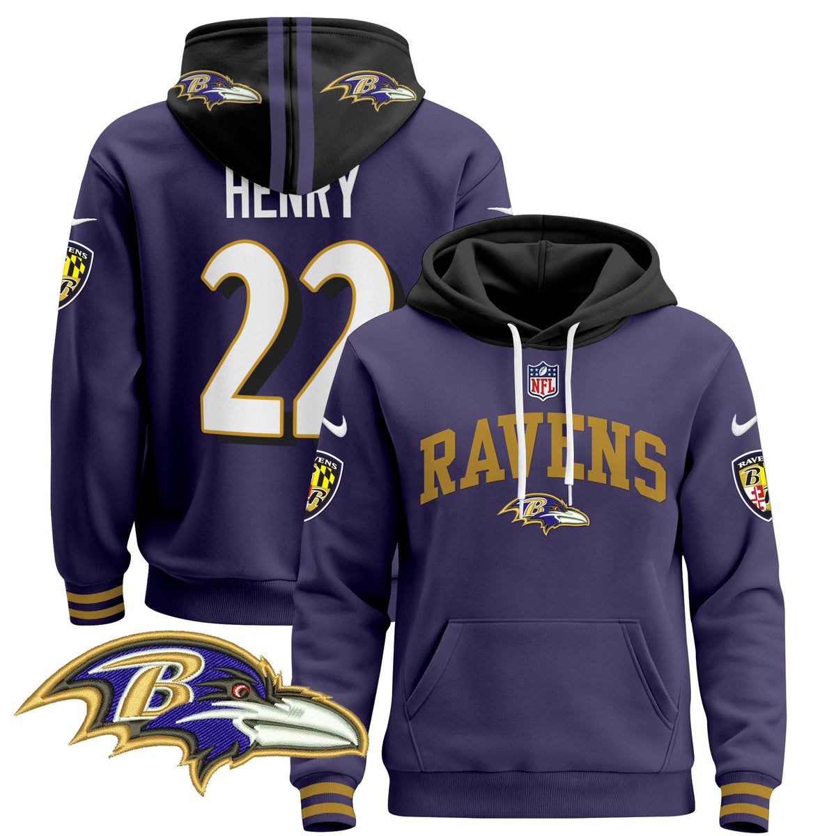 Men's Baltimore Ravens 2024 Pullover Hoodie V2 - All Stitched - Purple - Derrick Henry — view 1