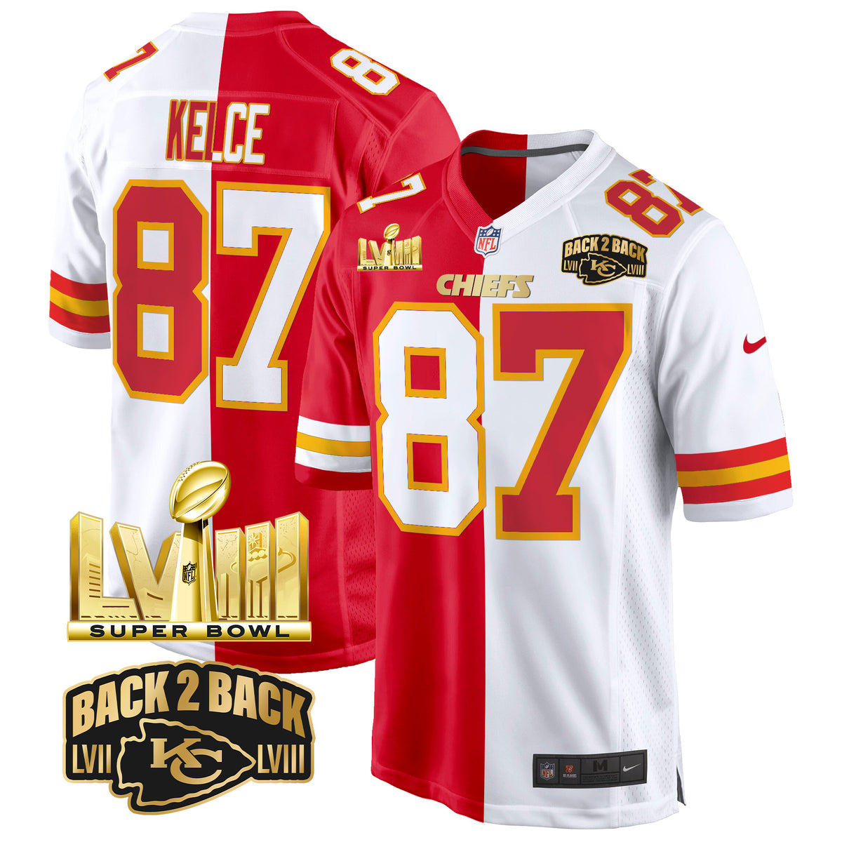 Men's Chiefs Super Bowl LVIII & Back 2 Back Gold Game Jersey - All Stitched - Split - Travis Kelce — view 1