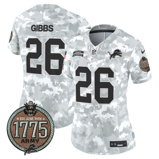 Women's Detroit Lions 2024 Salute to Service Establishment Year Patch Vapor Limited Jersey - All Stitched - Army - Jahmyr Gibbs — view 1