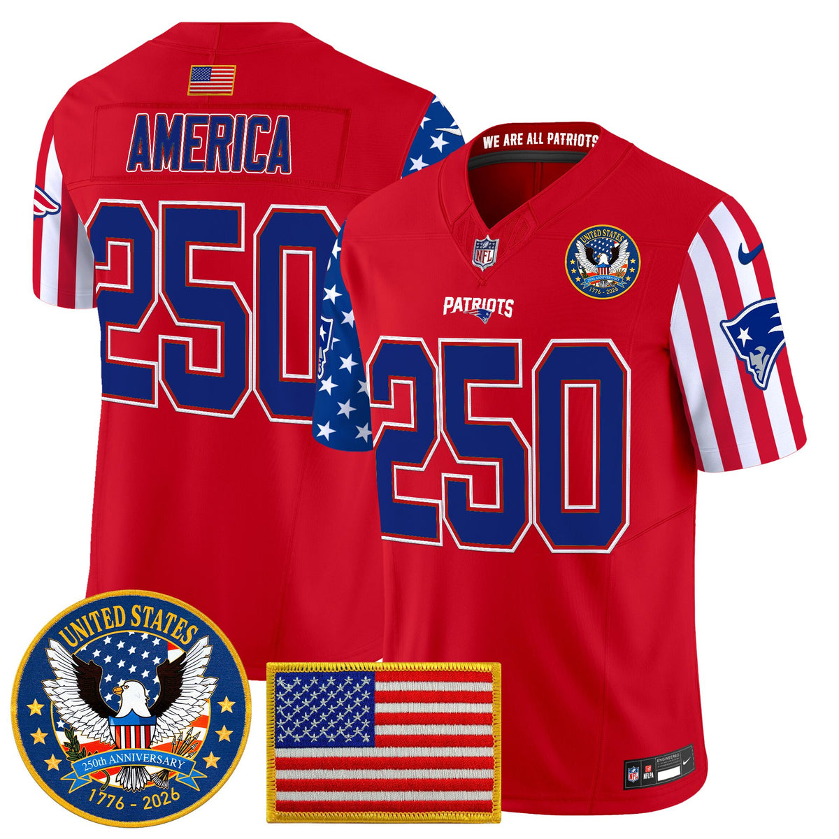 Men's New England Patriots America250 Edition Vapor Limited Jersey - All Stitched - Red - #250 America — view 1