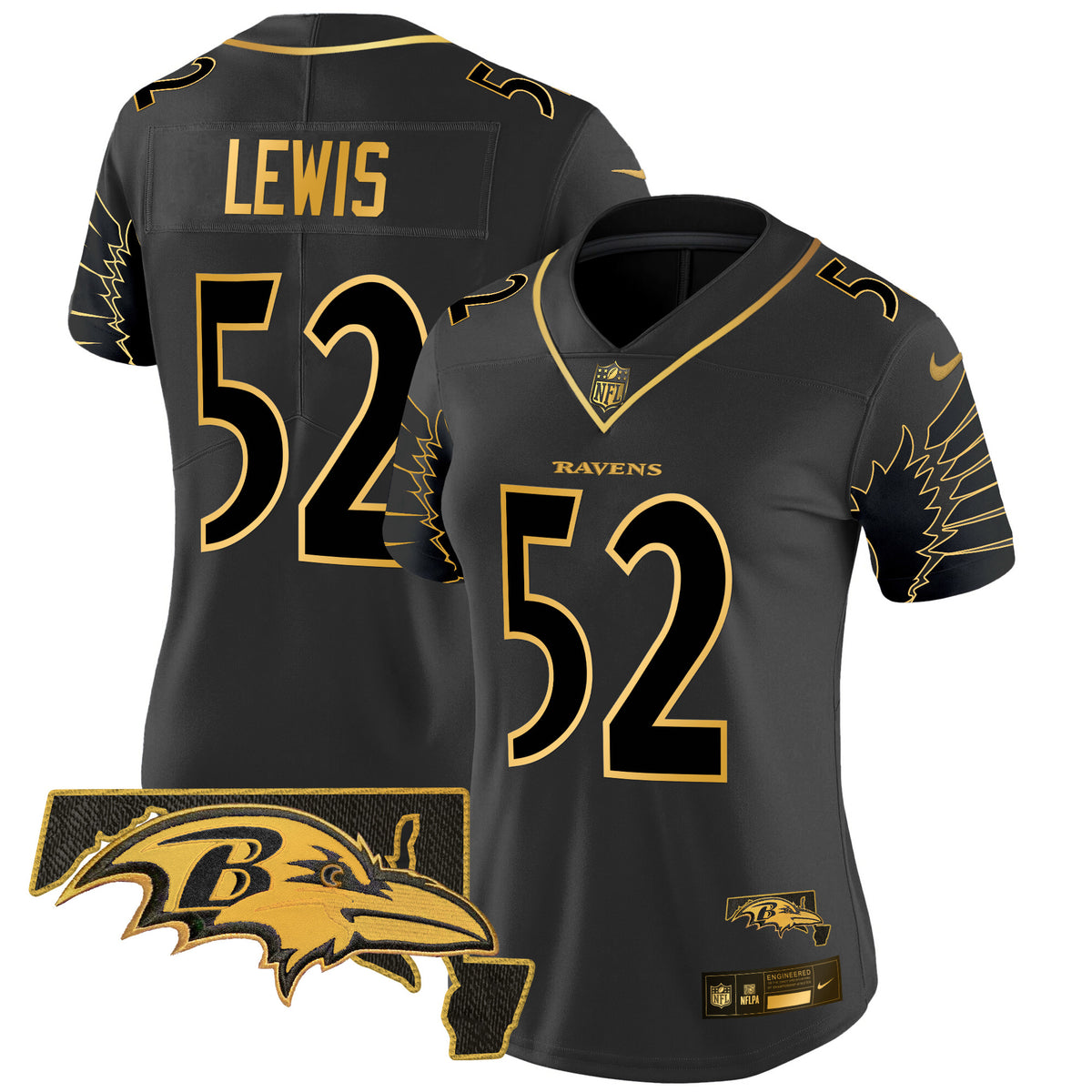 Women's Ravens Maryland Patch Gold Vapor Limited Jersey V2 - All Stitched - Black Gold - Ray Lewis — view 1