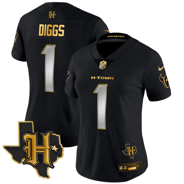 Women's Houston Texans 2024 Texas Patch Gold Vapor Limited Jersey - All Stitched - Black Limited - Stefon Diggs — view 1