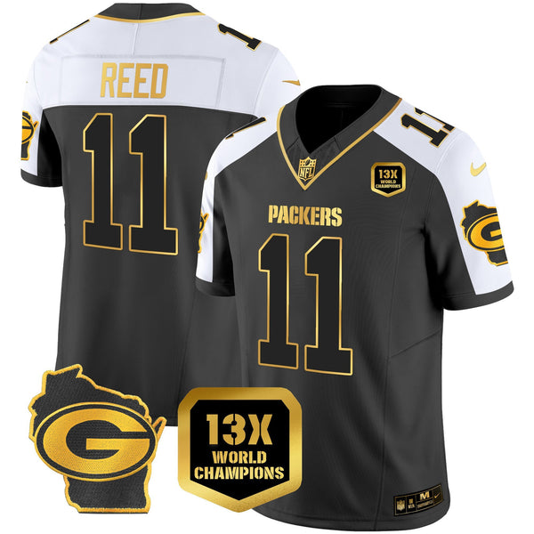 Men's Packers 13 Time World Champions & Home Patch Gold Vapor Jersey – All Stitched - Alternate - Jayden Reed — view 1