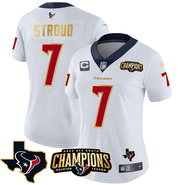 Women's Houston Texans 2023 AFC South Champions Patch Gold Trim Vapor Jersey - All Stitched - White - C.J. Stroud — view 1