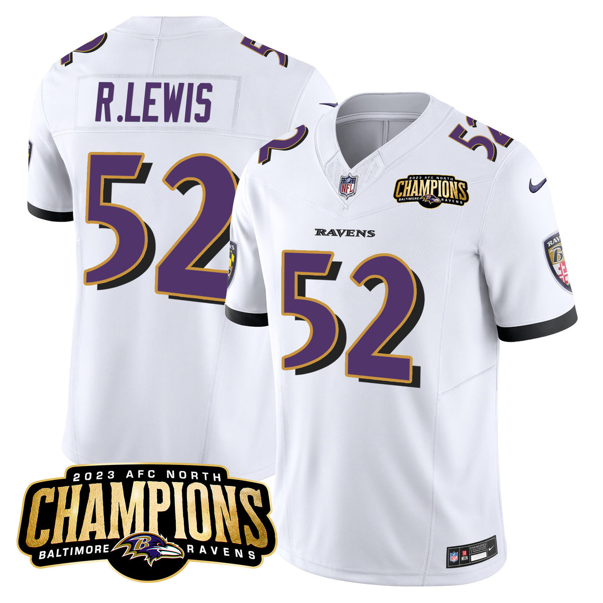 Men's Ravens 2023 AFC North Champions Patch Vapor Limited Jersey - All Stitched - White - Ray Lewis — view 1