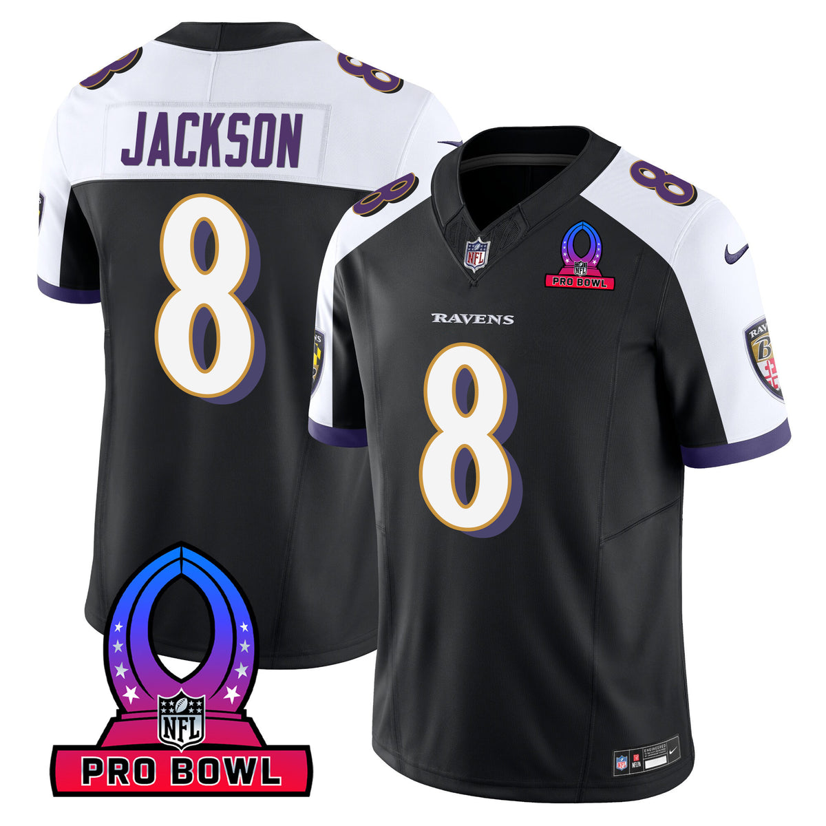 Men's Ravens 2024 Pro Bowl Patch Vapor Jersey - All Stitched - Black Alternate - Lamar Jackson — view 1