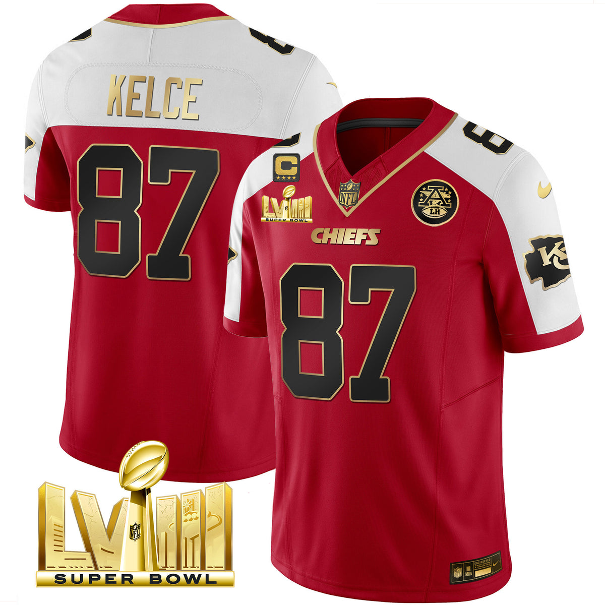 Men's Chiefs Super Bowl LVIII Gold Patch Vapor Jersey - All Stitched - Red Alternate - Travis Kelce — view 1