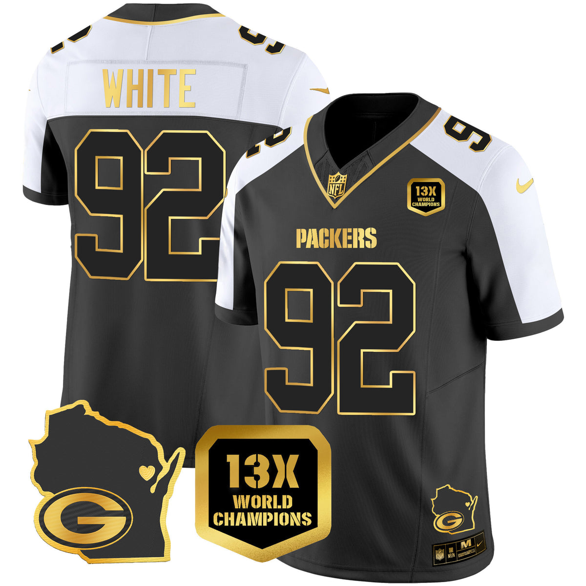 Men's Packers 13 Time World Champions & Home Patch Gold Vapor Jersey V2 – All Stitched - Alternate - Reggie White — view 1