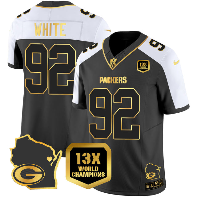 Men's Packers 13 Time World Champions & Home Patch Gold Vapor Jersey V2 – All Stitched - Alternate - Reggie White — view 1