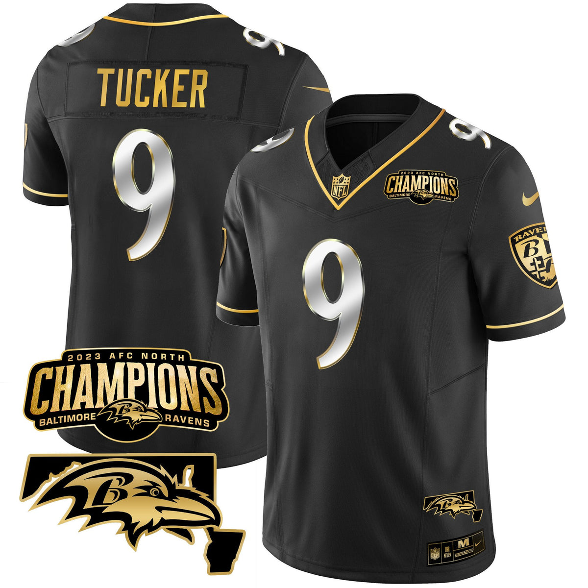 Men's Ravens 2023 AFC North Champions & Maryland Patch Gold Vapor Jersey - All Stitched - Black Limited - Justin Tucker — view 1