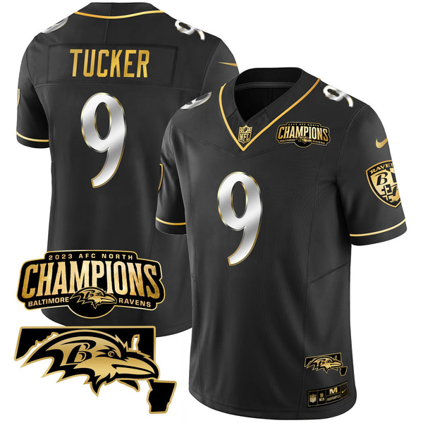 Men's Ravens 2023 AFC North Champions & Maryland Patch Gold Vapor Jersey - All Stitched - Black Limited - Justin Tucker — view 1