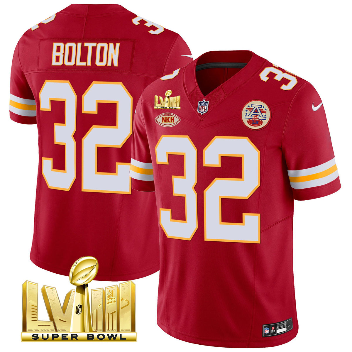Men's Chiefs Super Bowl LVIII Gold Patch Vapor Jersey V2 - All Stitched - Red - Nick Bolton — view 1