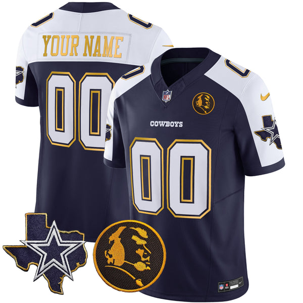Cowboys Texas & John Madden Patch Gold Trim Vapor Custom Jersey - All Stitched - Navy Alternate — view 1