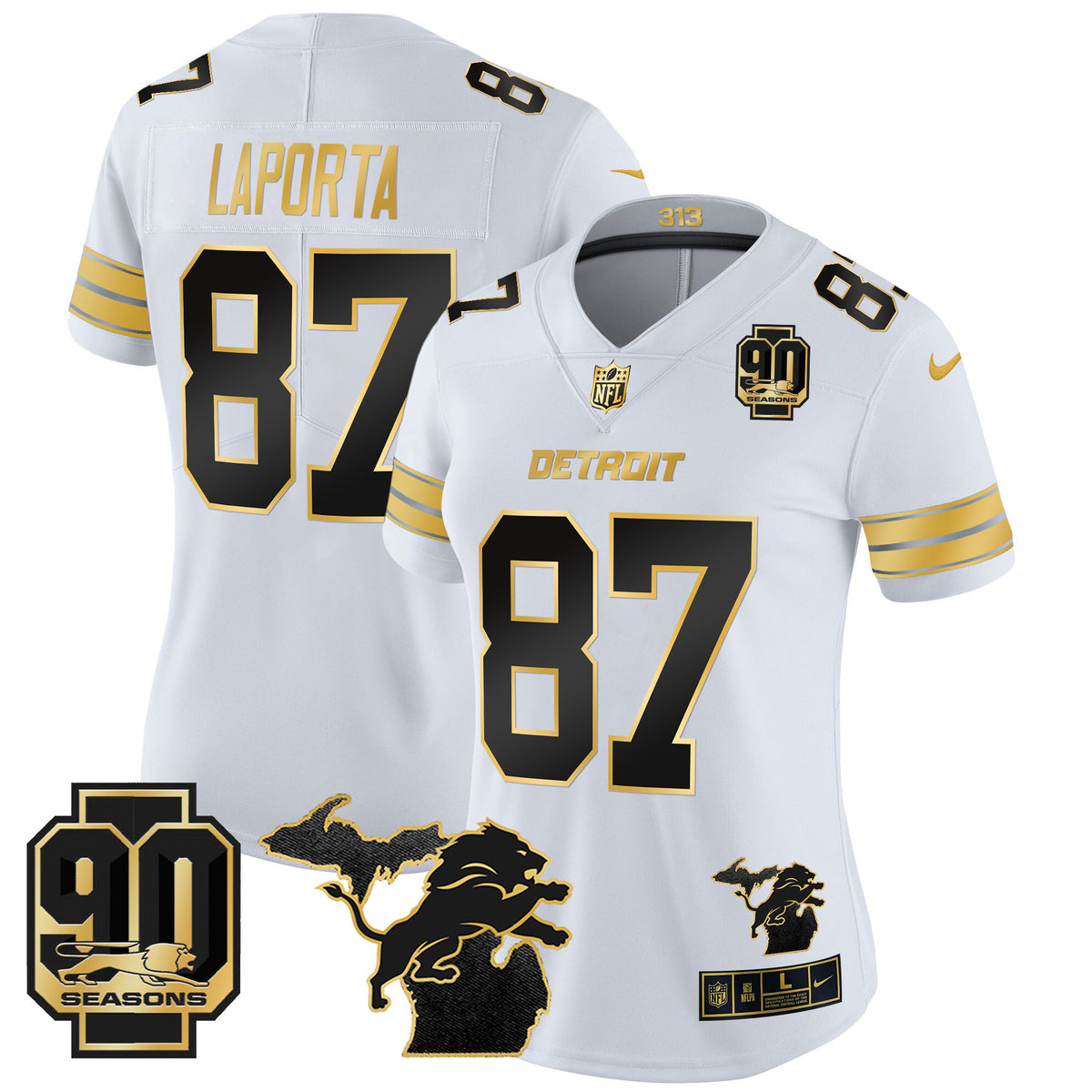 Women's Detroit Lions 2024 Michigan & 90th Year Patch Gold Vapor Limited Jersey - All Stitched - White Gold - Sam Laporta — view 1