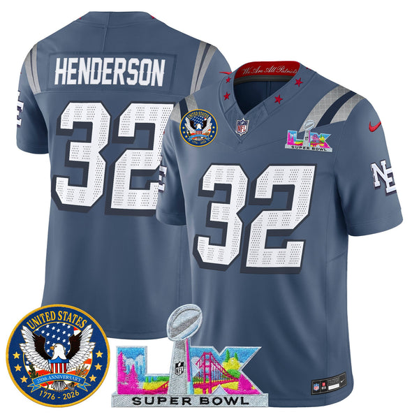 Men's New England Patriots Super Bowl LX & United States 250th Patch Vapor Limited Jersey - All Stitched - Storm Blue - TreVeyon Henderson — view 1