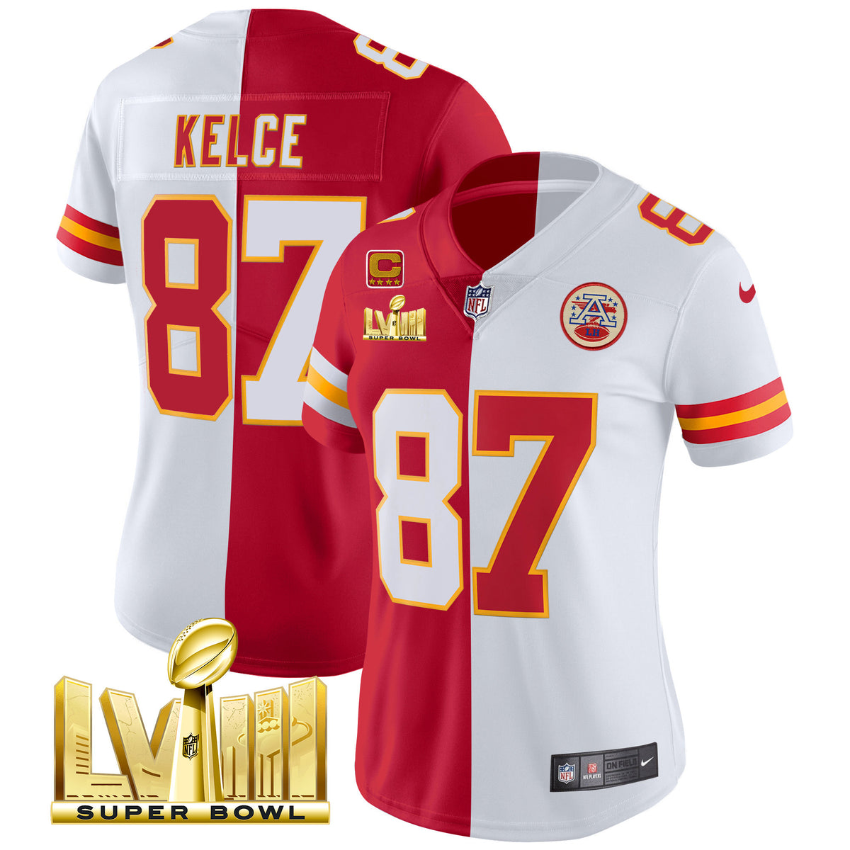Women's Chiefs Super Bowl LVIII Gold Patch Vapor Jersey V4 - All Stitched - Split - Travis Kelce — view 1