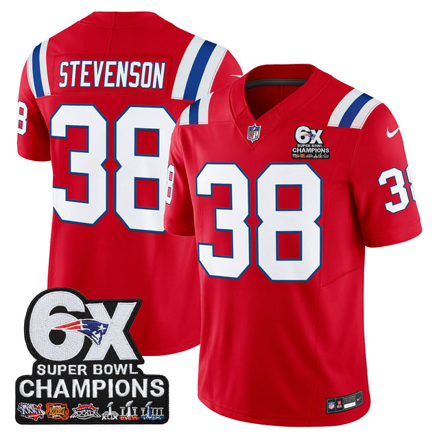 Men's New England Patriots 6-Time Champions Patch Vapor Limited Jersey - All Stitched - Red - Rhamondre Stevenson — view 1