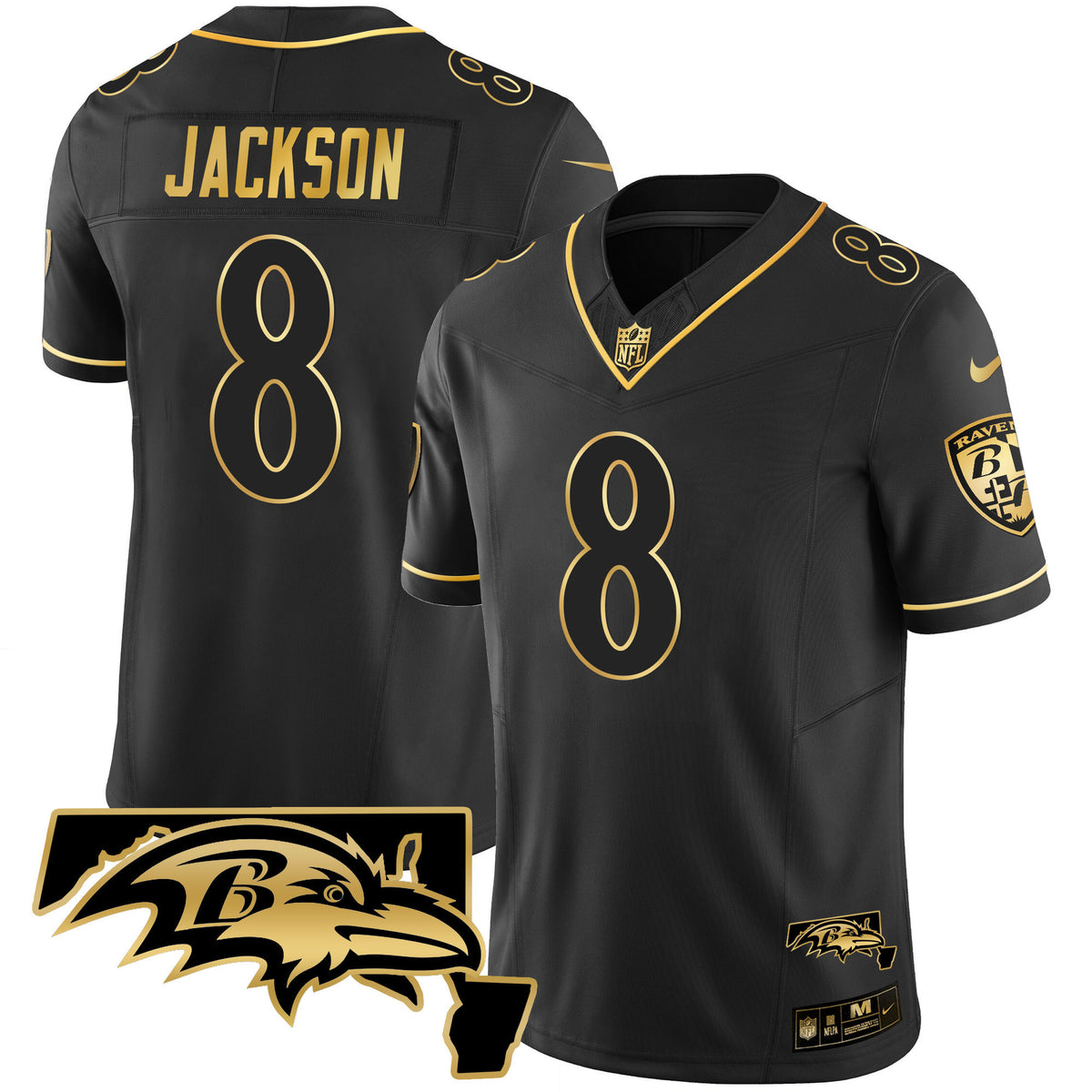 Men's Ravens Maryland Patch Vapor Gold Jersey - All Stitched - Black Gold - Lamar Jackson — view 1