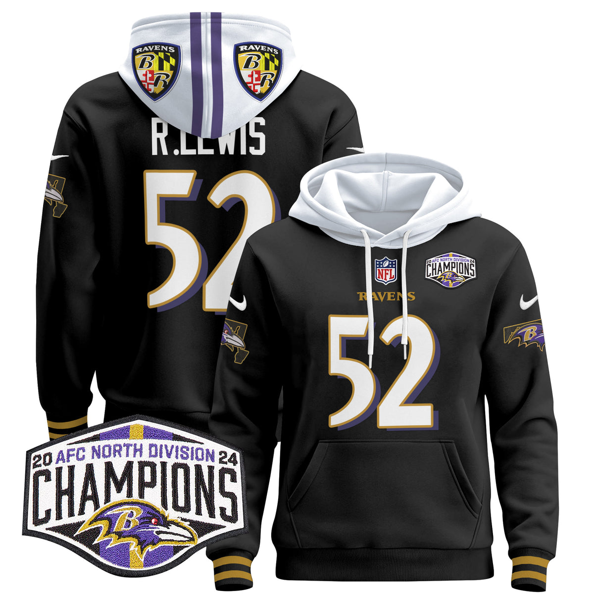 Men's Baltimore Ravens 2024 AFC North Division Champions Patch Pullover Hoodie V2 - All Stitched - Black - Ray Lewis — view 1
