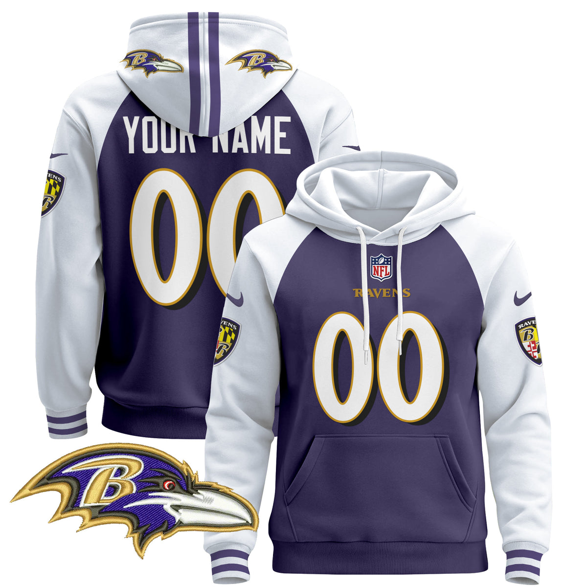 Baltimore Ravens 2024 Custom Pullover Hoodie V4 - All Stitched - Purple Alternate — view 1