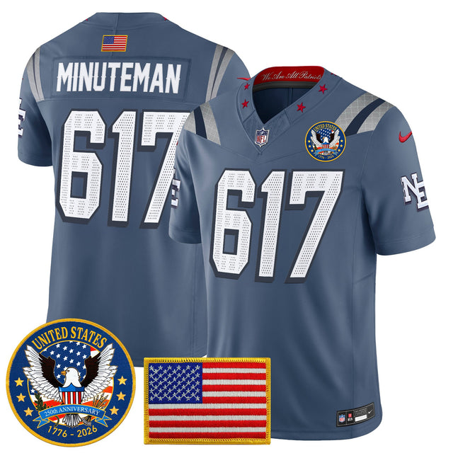 Men's New England Patriots United States 250th Anniversary Patch Vapor Limited Jersey - All Stitched - Storm Blue - Minuteman 617 — view 1