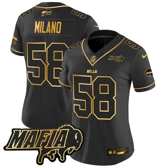 Women's Buffalo Bills 2025 Bills Mafia Patch Gold Vapor Limited Jersey - All Stitched - Black Gold - Matt Milano — view 1