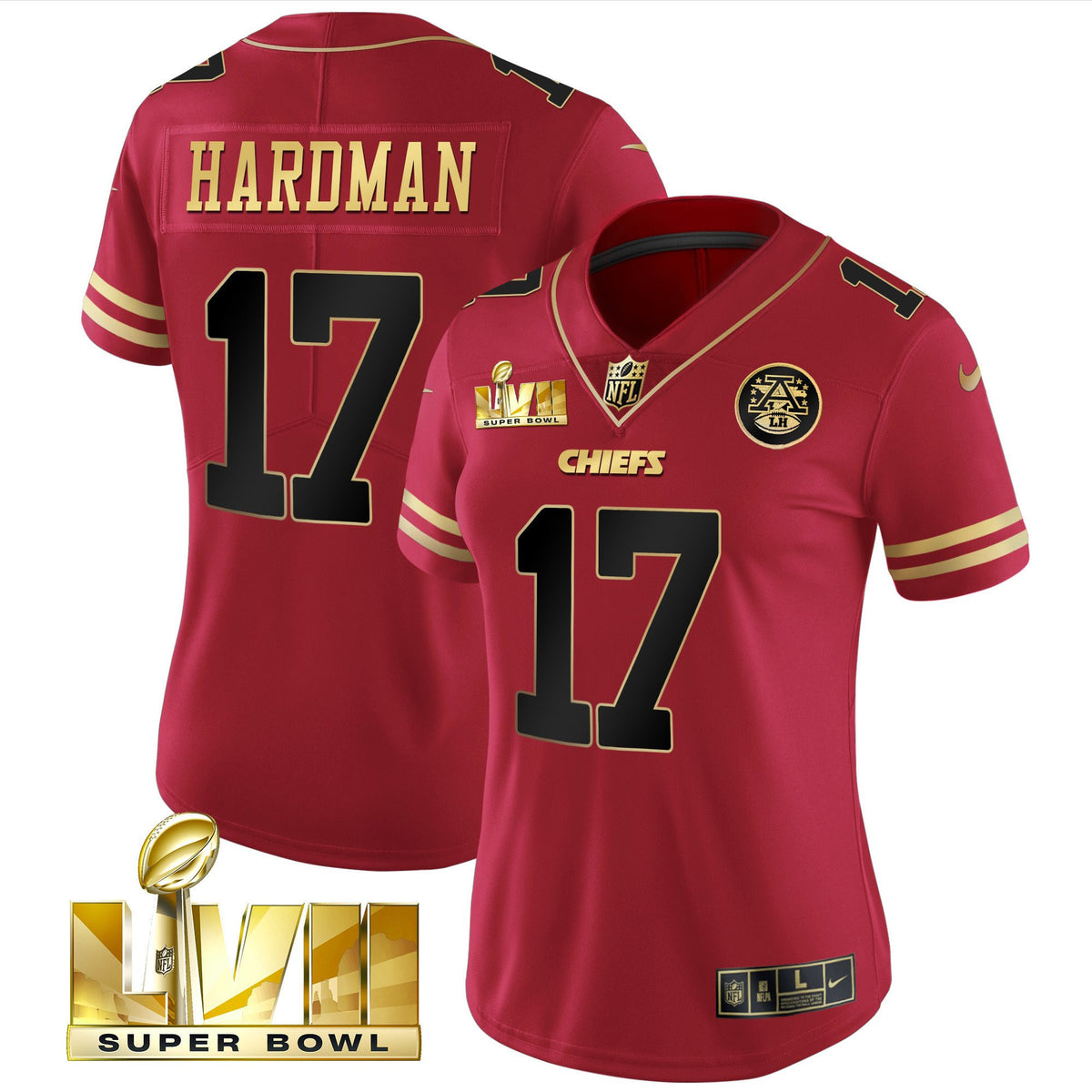 Women's Chiefs Super Bowl LVII Red Gold Vapor Jersey - All Stitched - Black Red - Mecole Hardman — view 1