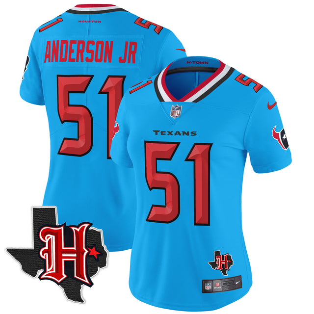 Women's Houston Texans 2024 Texas Patch Vapor Limited Jersey V5 - All Stitched - Blue - Will Anderson Jr — view 1