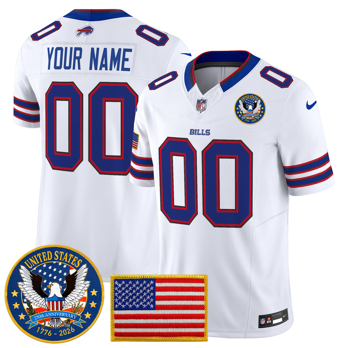Buffalo Bills United States 250th Anniversary Patch Vapor Limited Custom Jersey - All Stitched - White — view 1