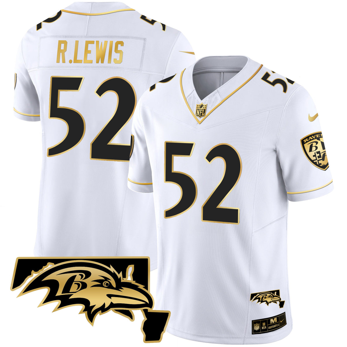 Men's Ravens Maryland Patch Vapor Gold Jersey - All Stitched - White Gold - Ray Lewis — view 1