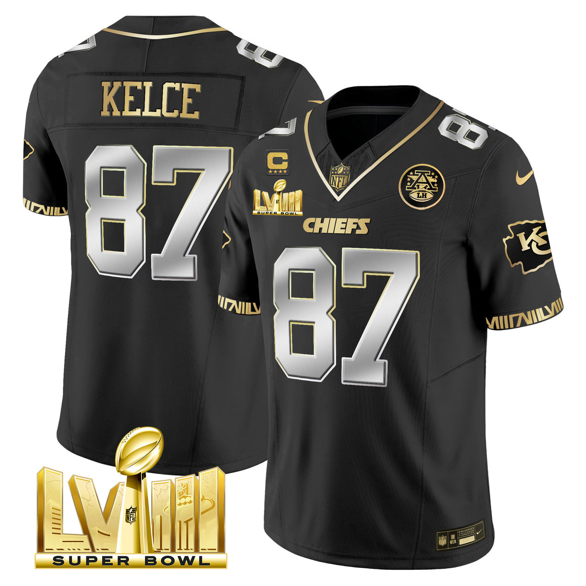 Men's Chiefs Super Bowl LVIII Pattern Gold Vapor Jersey - All Stitched - Black Limited - Travis Kelce — view 1