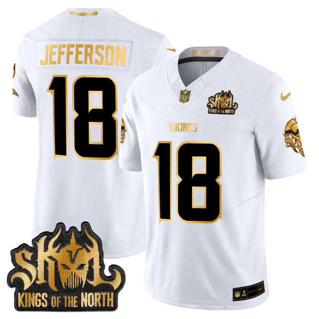 Men's Minnesota Vikings 2024 Winter Warrior Skol Patch Gold Vapor Limited Jersey - All Stitched - White Gold - Justin Jefferson — view 1