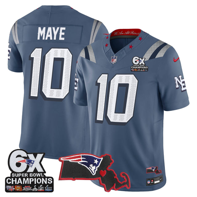 Men's New England Patriots 6-Time Champions & Massachusetts Patch Vapor Limited Jersey - All Stitched - Storm Blue - Drake Maye — view 1