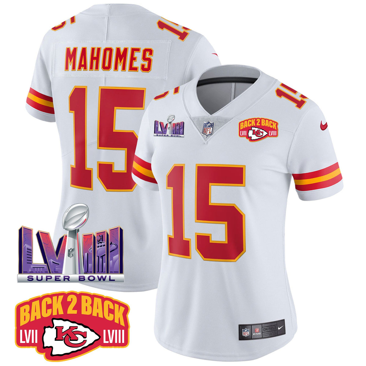 Women's Chiefs Super Bowl LVIII & Back 2 Back Patch Vapor Jersey - All Stitched - White - Patrick Mahomes — view 1