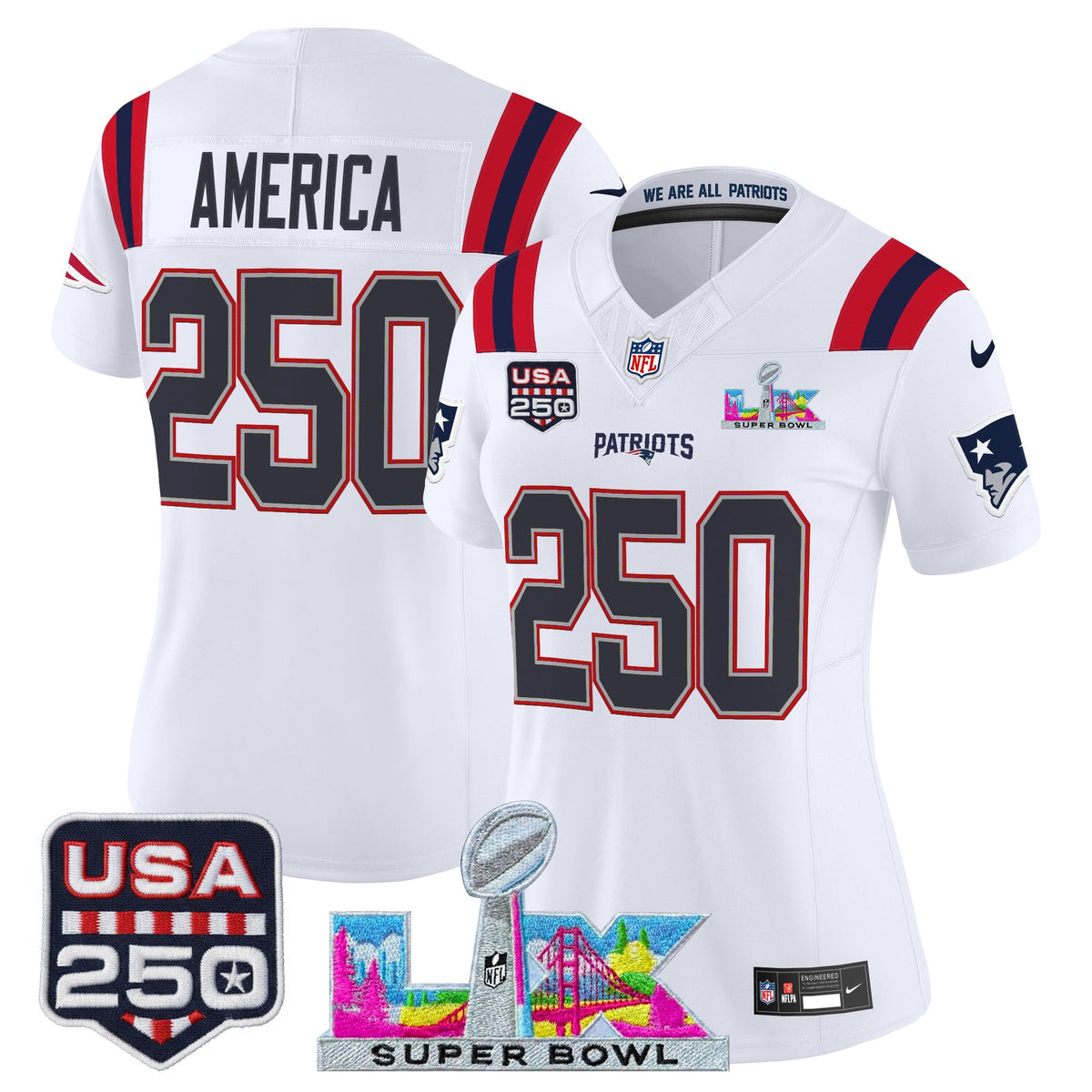 Women's New England Patriots Super Bowl LX & United States 250th Anniversary Patch Vapor Limited Jersey - All Stitched - White - #250 America — view 1