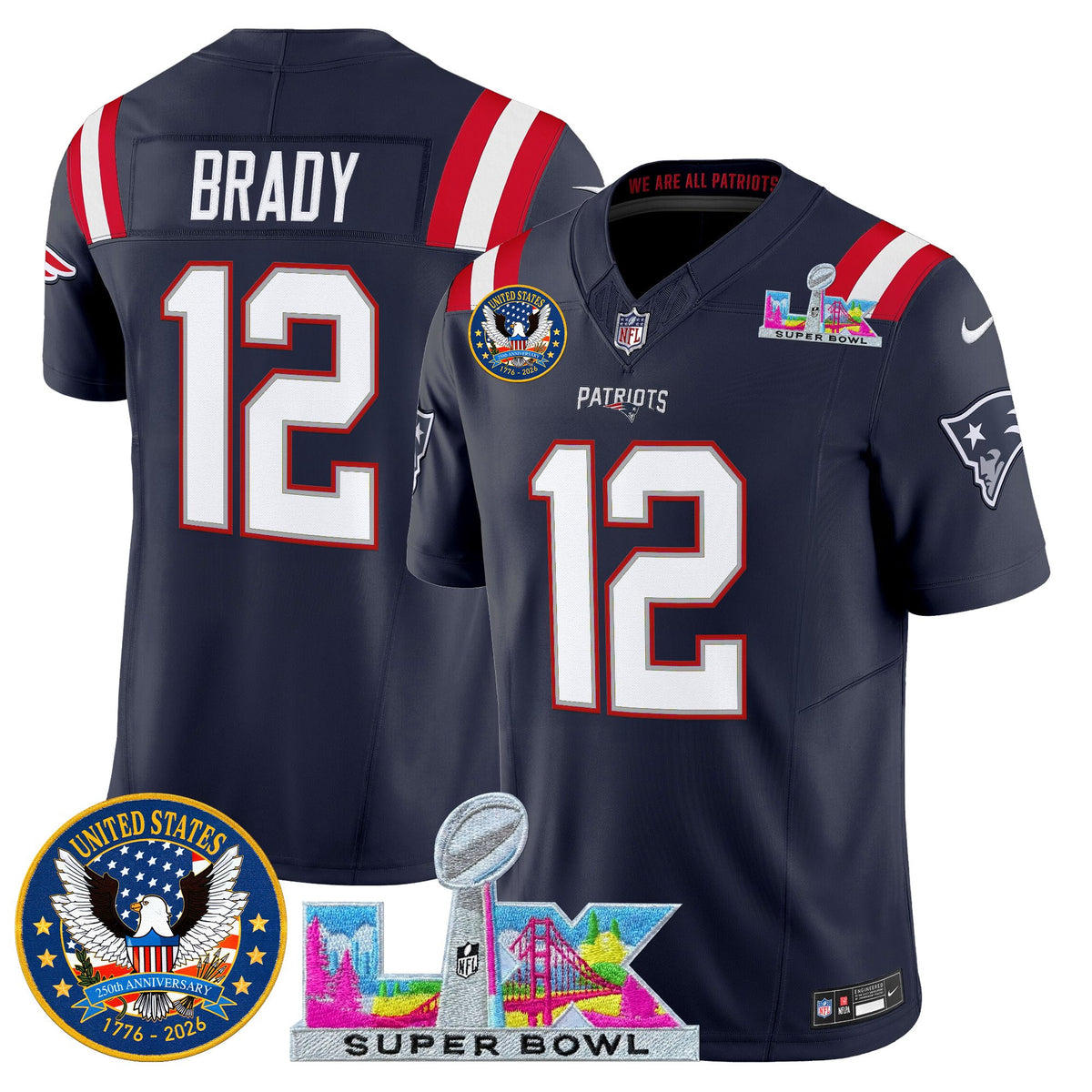 Men's New England Patriots Super Bowl LX & United States 250th Patch Vapor Limited Jersey - All Stitched - Navy - Tom Brady — view 1