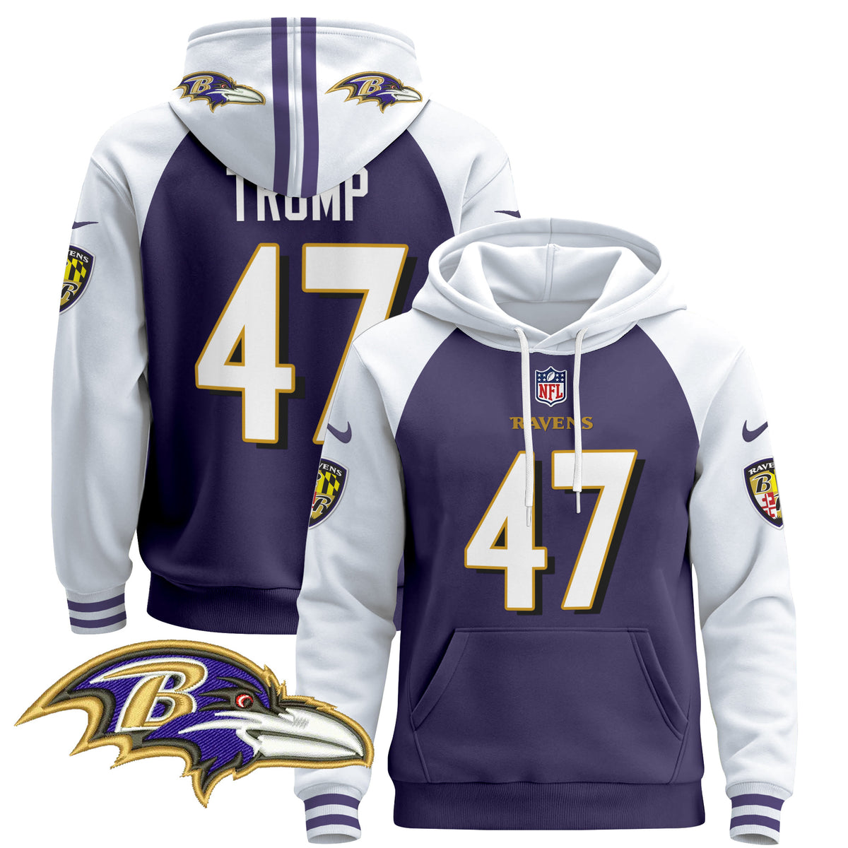 Men's Baltimore Ravens 2024 Pullover Hoodie V4 - All Stitched - Purple Alternate - Donald Trump — view 1