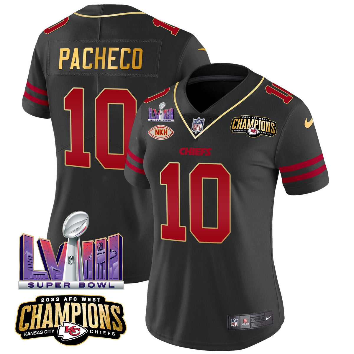 Women's Chiefs AFC West Champions & Super Bowl LVIII Patch Vapor Jersey - All Stitched - Gold Trim - Isiah Pacheco — view 1