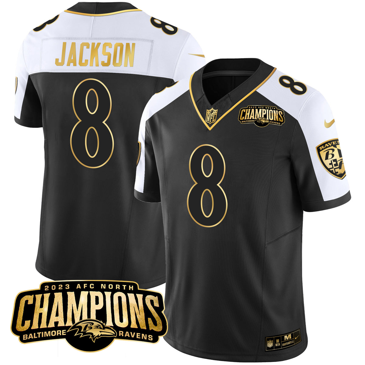 Men's Ravens 2023 AFC North Champions Patch Gold Vapor Jersey - All Stitched - Alternate - Lamar Jackson — view 1