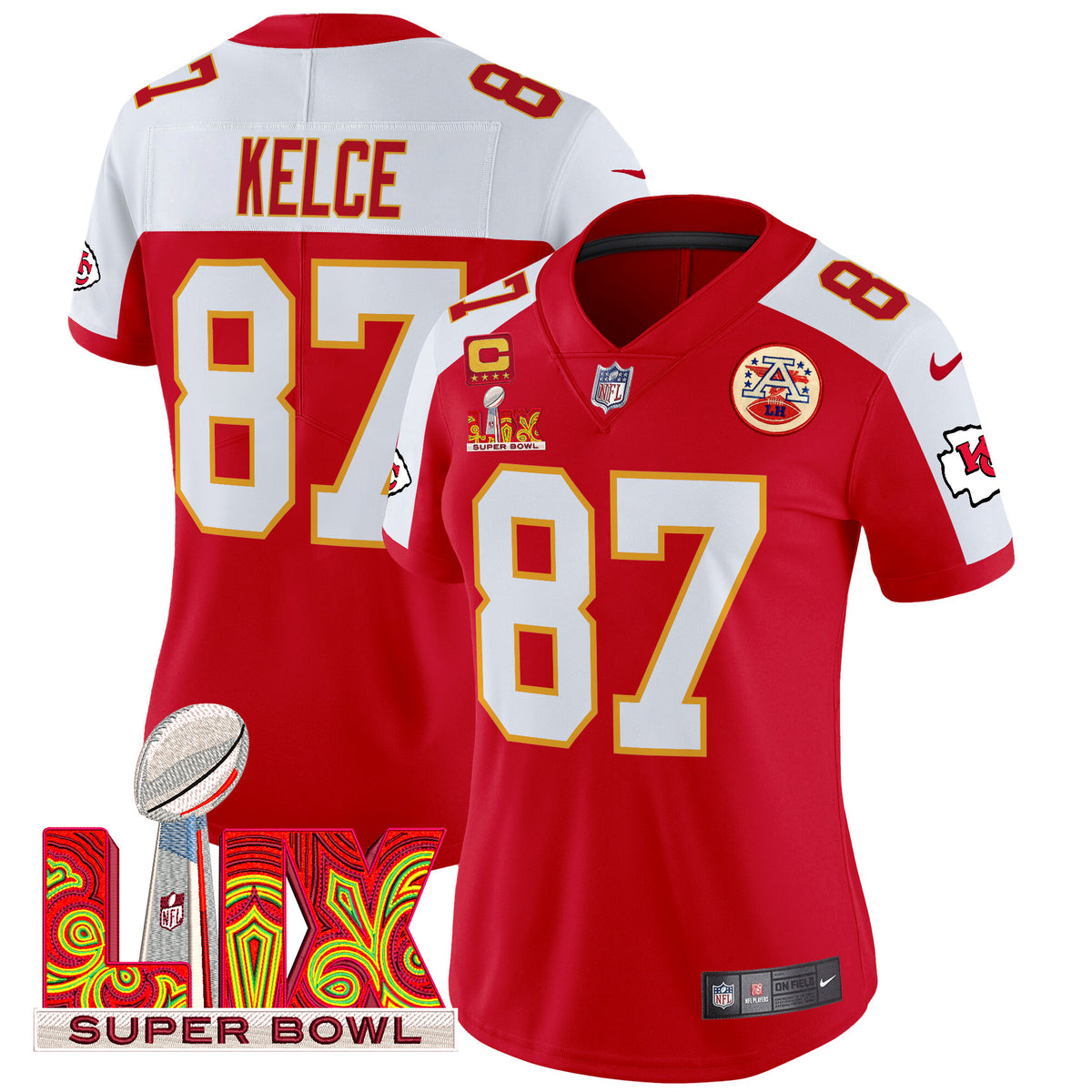 Women's Chiefs Super Bowl LIX Patch Vapor Limited Jersey - All Stitched - Red Alternate - Travis Kelce — view 1